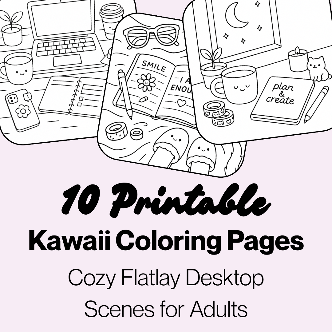 Cute & Cozy Kawaii Stationery Desk Scenes | Bold & Easy Coloring Page Bundle