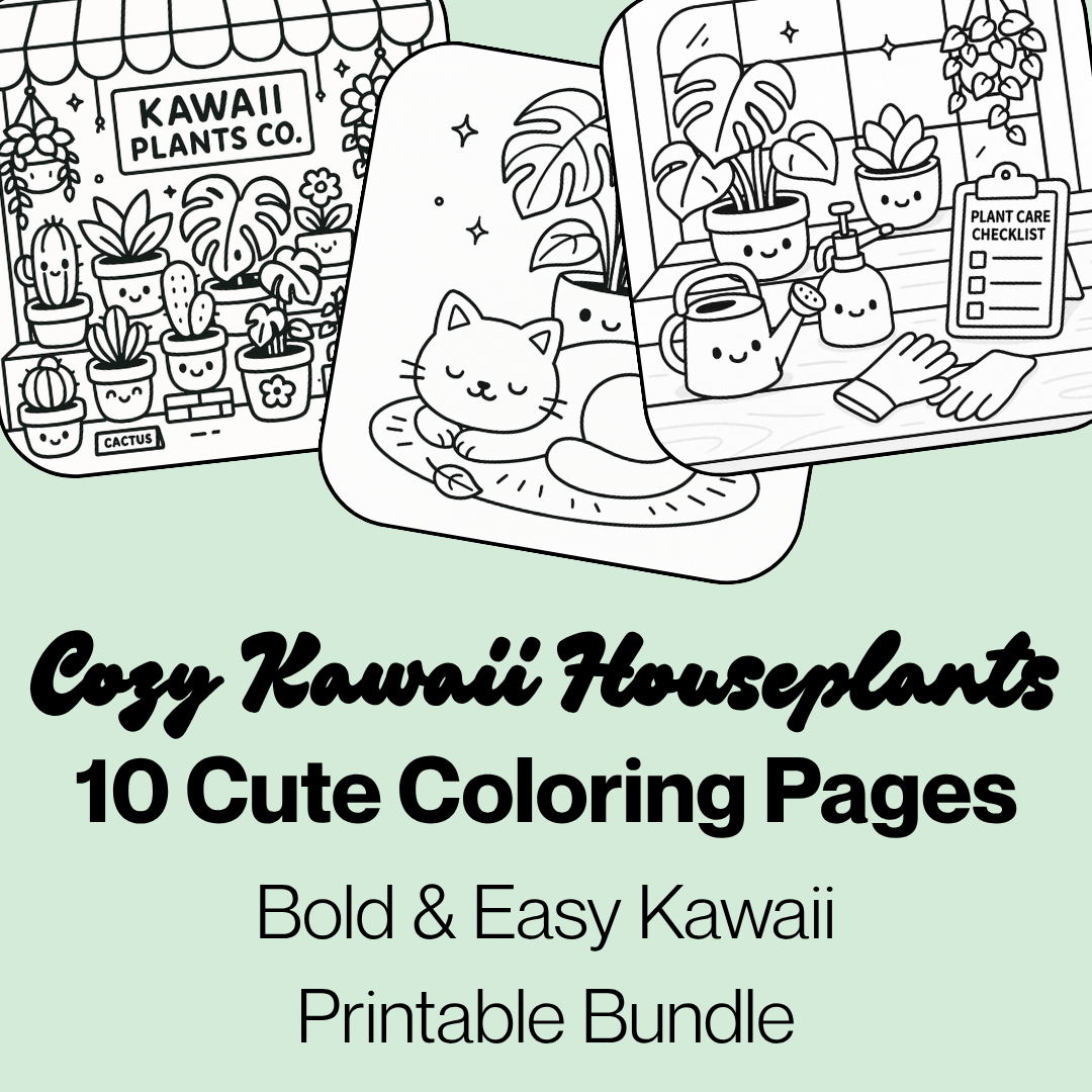 Cute & Cozy Kawaii Houseplant Coloring Pages | Bold & Easy Coloring Page Bundle