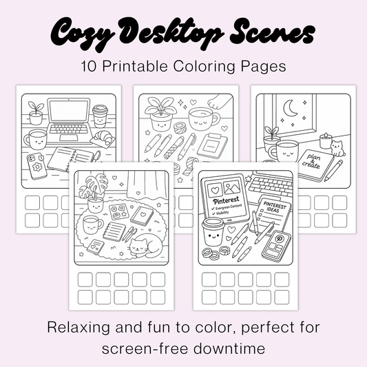 Cute & Cozy Kawaii Stationery Desk Scenes | Bold & Easy Coloring Page Bundle