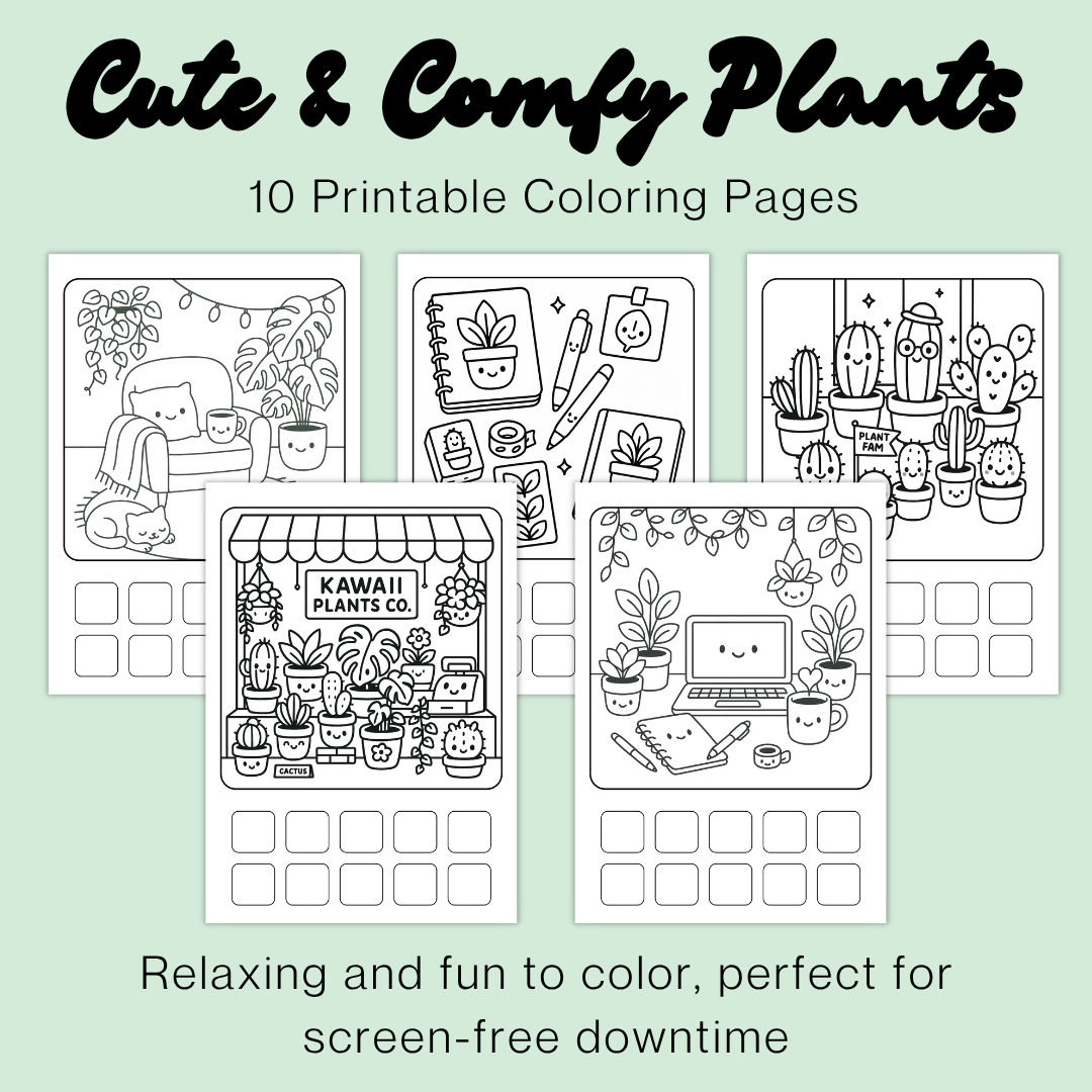 Cute & Cozy Kawaii Houseplant Coloring Pages | Bold & Easy Coloring Page Bundle