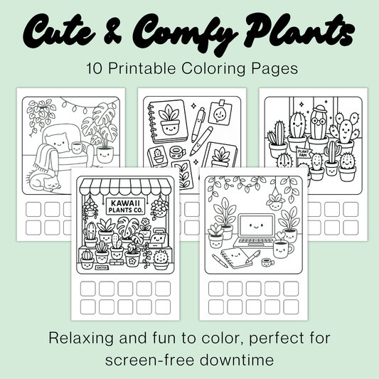 Cute & Cozy Kawaii Houseplant Coloring Pages | Bold & Easy Coloring Page Bundle