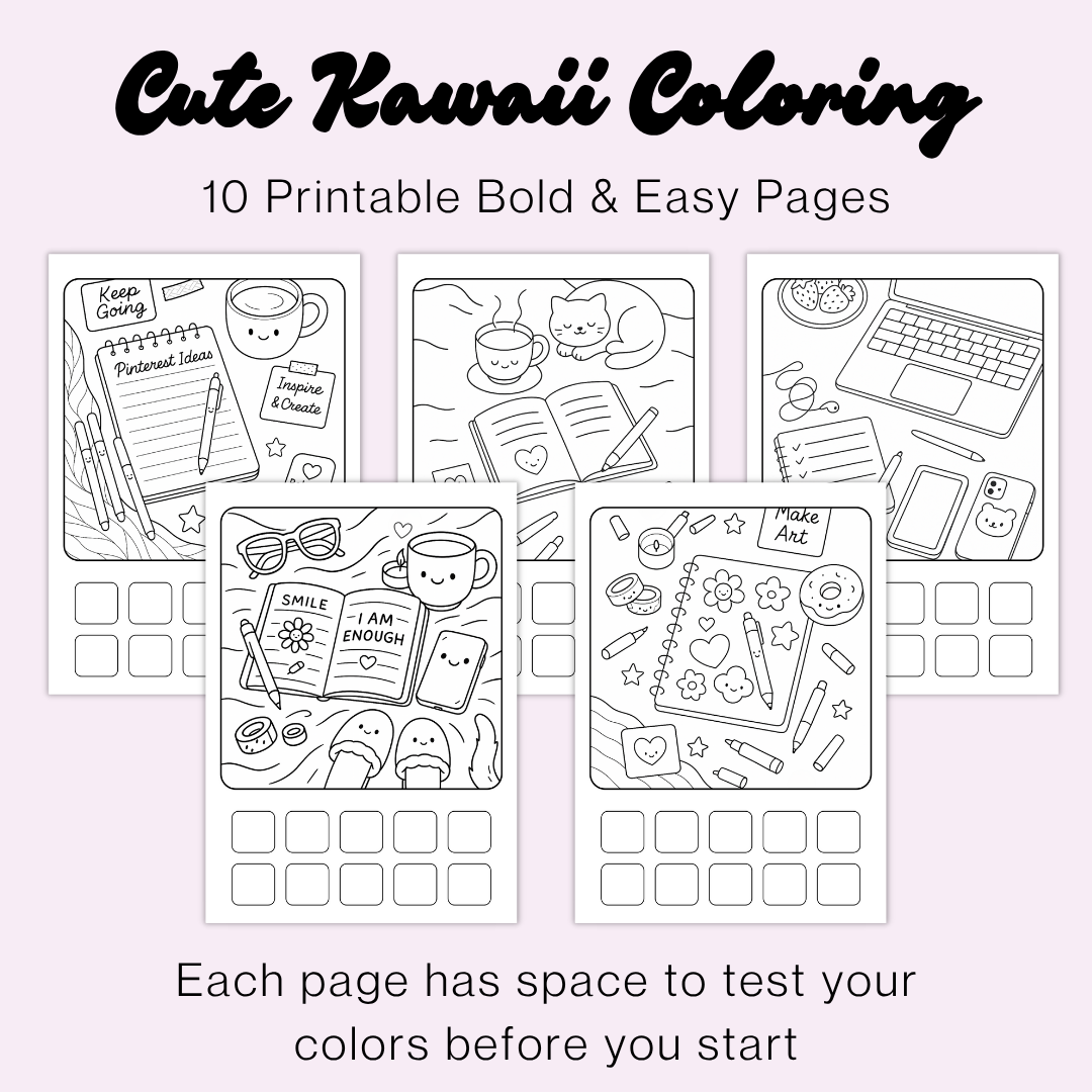 Cute & Cozy Kawaii Stationery Desk Scenes | Bold & Easy Coloring Page Bundle