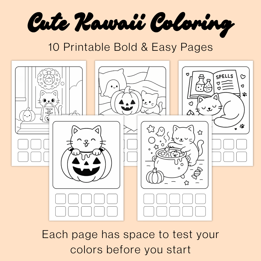 Halloween Cats Coloring Pages | Cute & Cozy Kawaii Printable Bundle