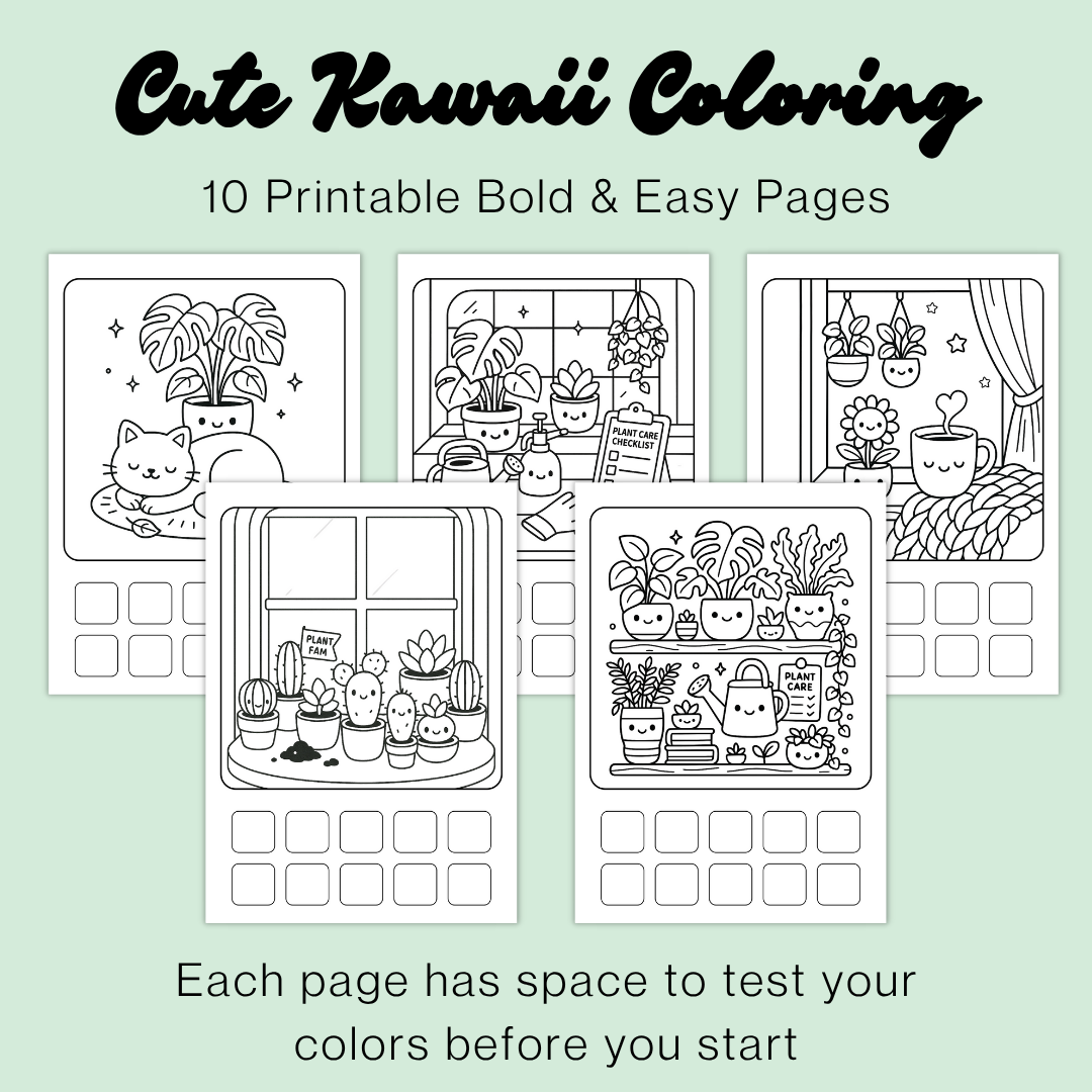 Cute & Cozy Kawaii Houseplant Coloring Pages | Bold & Easy Coloring Page Bundle