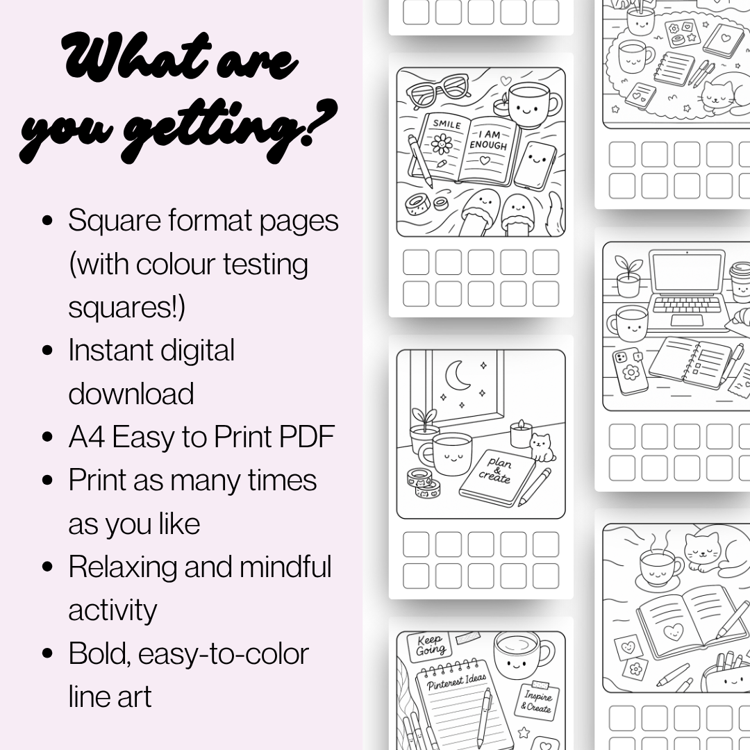 Cute & Cozy Kawaii Stationery Desk Scenes | Bold & Easy Coloring Page Bundle