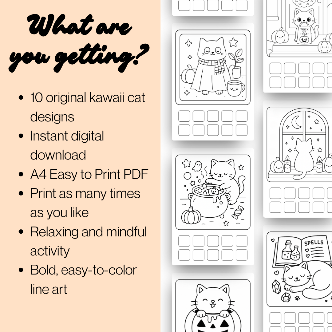 Halloween Cats Coloring Pages | Cute & Cozy Kawaii Printable Bundle