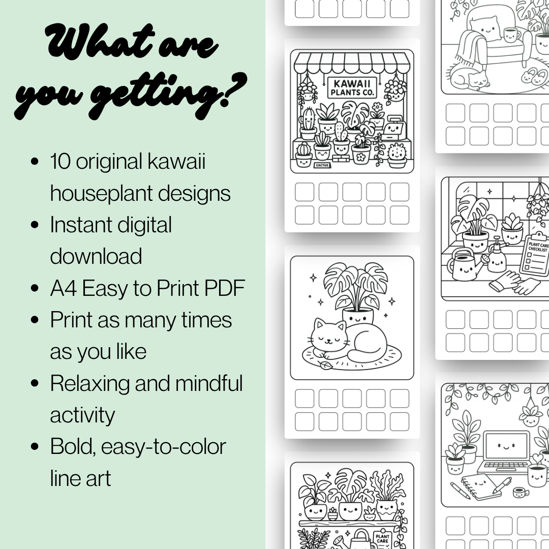 Cute & Cozy Kawaii Houseplant Coloring Pages | Bold & Easy Coloring Page Bundle