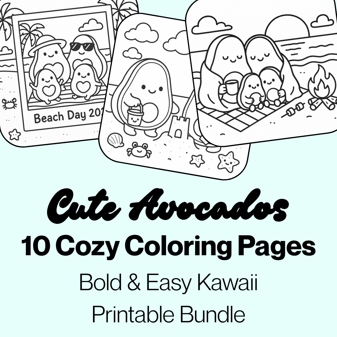 Cute Avocado Beach Day Coloring Pages | Bold & Easy Coloring Page Bundle