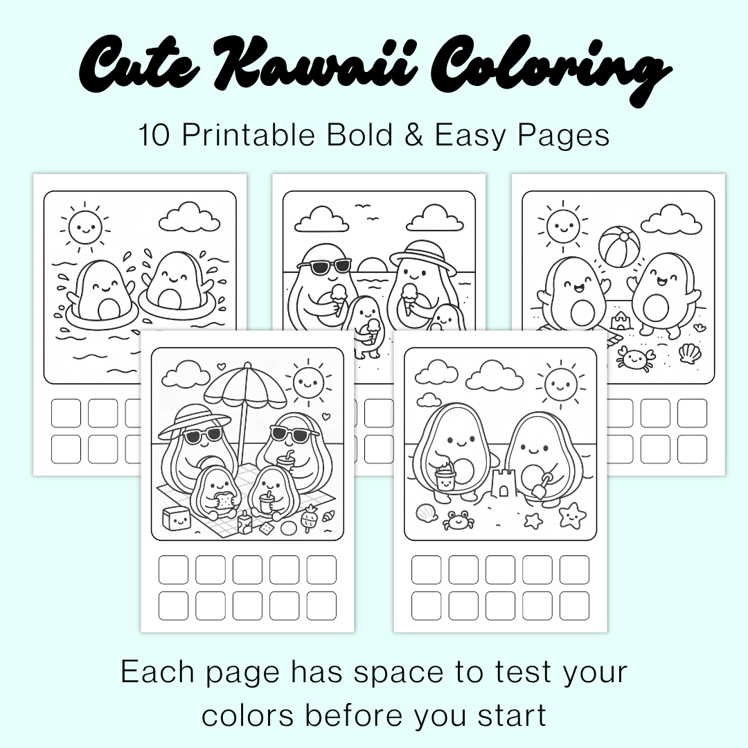 Cute Avocado Beach Day Coloring Pages | Bold & Easy Coloring Page Bundle