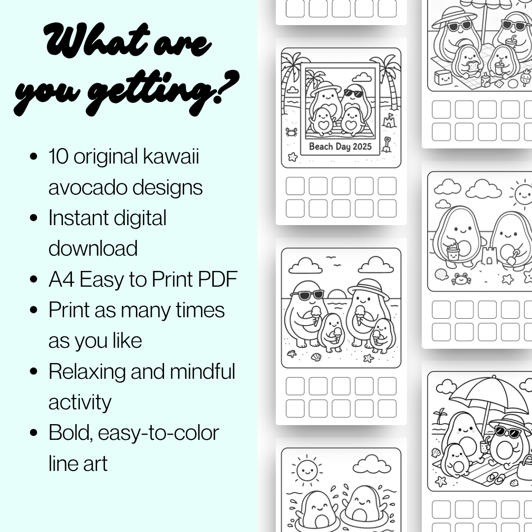Cute Avocado Beach Day Coloring Pages | Bold & Easy Coloring Page Bundle