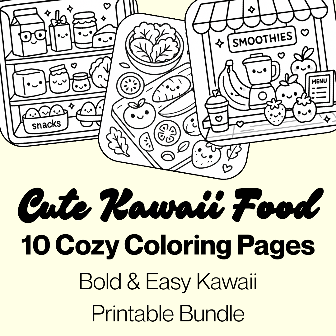 Cute & Cozy Kawaii Food Coloring Pages | Bold & Easy Coloring Page Bundle