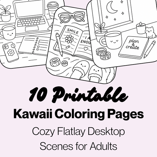 Cute & Cozy Kawaii Stationery Desk Scenes | Bold & Easy Coloring Page Bundle