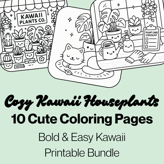 Cute & Cozy Kawaii Houseplant Coloring Pages | Bold & Easy Coloring Page Bundle