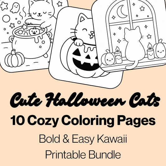 Halloween Cats Coloring Pages | Cute & Cozy Kawaii Printable Bundle