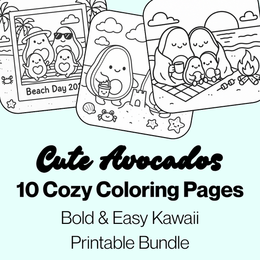 Cute Avocado Beach Day Coloring Pages | Bold & Easy Coloring Page Bundle