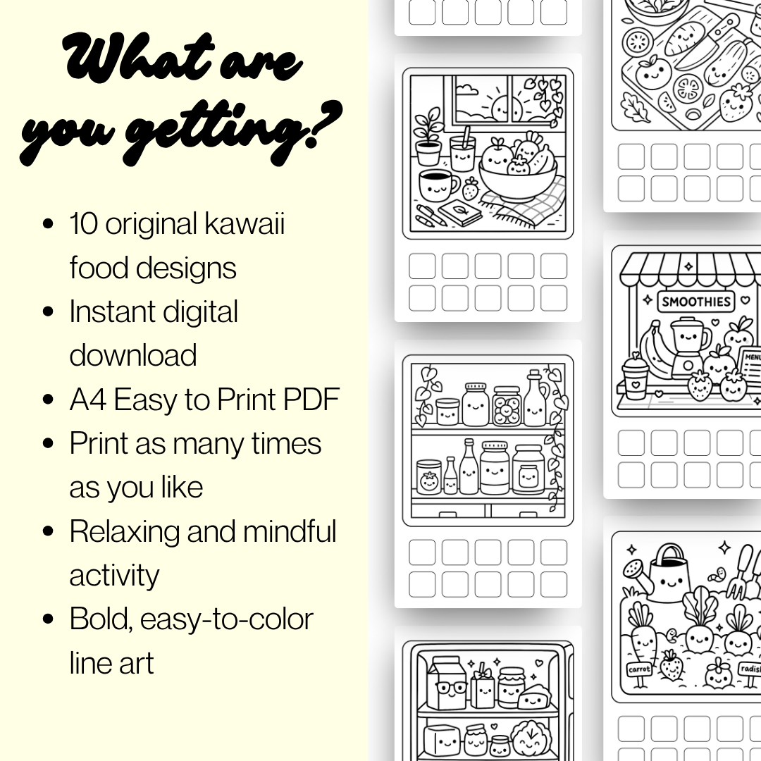 Cute & Cozy Kawaii Food Coloring Pages | Bold & Easy Coloring Page Bundle